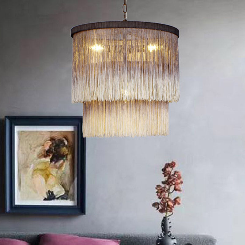 Hemp Fringe Coffee Suspension Light Layered Drum 4 Bulbs Retro Style Chandelier Light Clearhalo 'Ceiling Lights' 'Chandeliers' Lighting' options 2198168