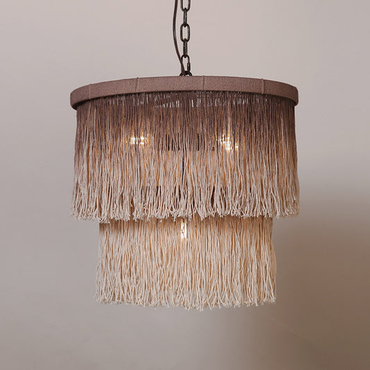 Hemp Fringe Coffee Suspension Light Layered Drum 4 Bulbs Retro Style Chandelier Light Clearhalo 'Ceiling Lights' 'Chandeliers' Lighting' options 2198169