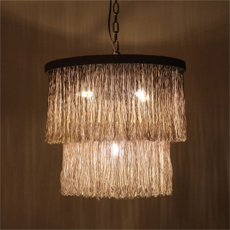 Hemp Fringe Coffee Suspension Light Layered Drum 4 Bulbs Retro Style Chandelier Light Clearhalo 'Ceiling Lights' 'Chandeliers' Lighting' options 2198170