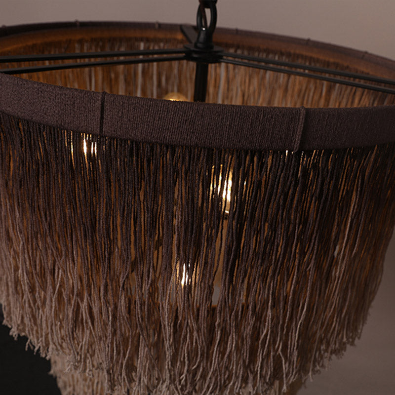 Hemp Fringe Coffee Suspension Light Layered Drum 4 Bulbs Retro Style Chandelier Light Clearhalo 'Ceiling Lights' 'Chandeliers' Lighting' options 2198171