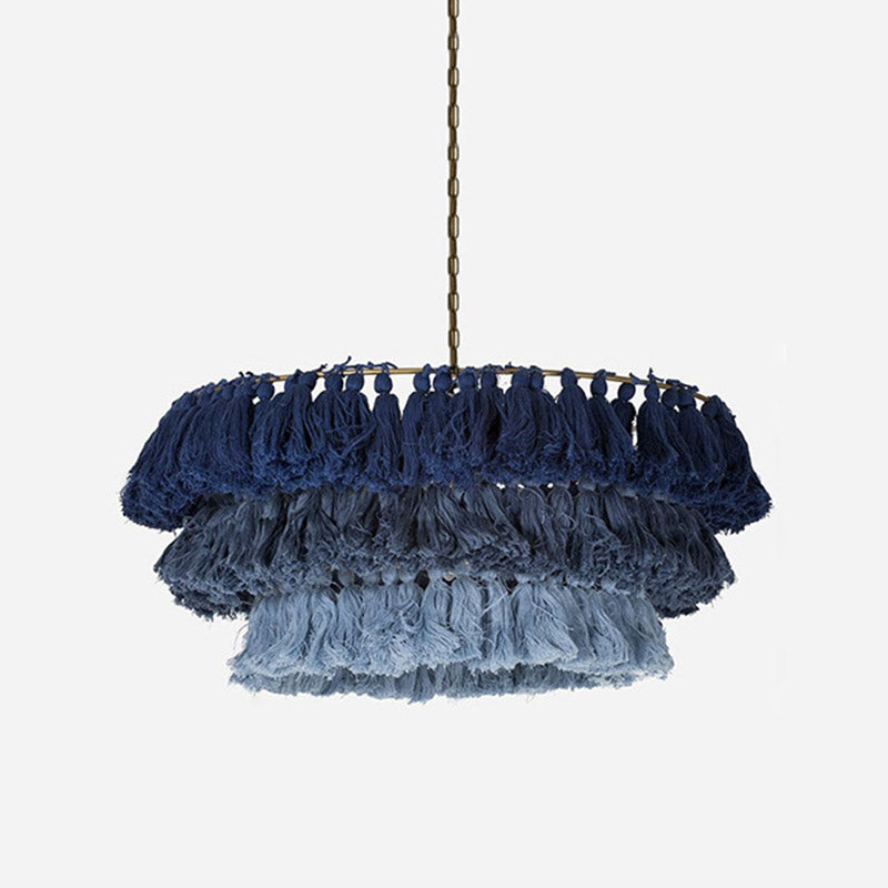 Simplicity Tiered Round Ceiling Lighting 3 Heads Handwoven Fringe Chandelier Light Fixture Blue 24" Clearhalo 'Ceiling Lights' 'Chandeliers' Lighting' options 2198199_b0fbe098-ce26-4e63-9d22-74d03b86bef6