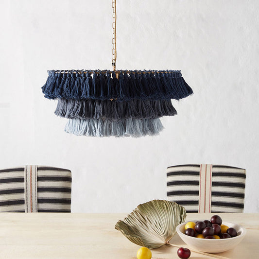 Simplicity Tiered Round Ceiling Lighting 3 Heads Handwoven Fringe Chandelier Light Fixture Clearhalo 'Ceiling Lights' 'Chandeliers' Lighting' options 2198200