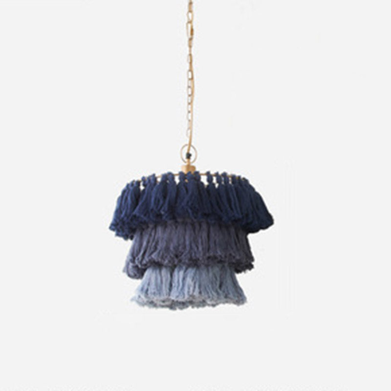 Simplicity Tiered Round Ceiling Lighting 3 Heads Handwoven Fringe Chandelier Light Fixture Blue 12" Clearhalo 'Ceiling Lights' 'Chandeliers' Lighting' options 2198201_772d6e65-1698-4291-922e-323a07a2a225