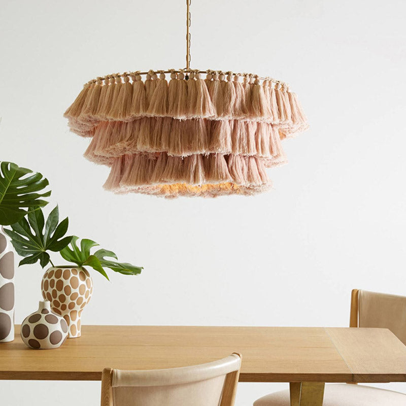 Simplicity Tiered Round Ceiling Lighting 3 Heads Handwoven Fringe Chandelier Light Fixture Clearhalo 'Ceiling Lights' 'Chandeliers' Lighting' options 2198202