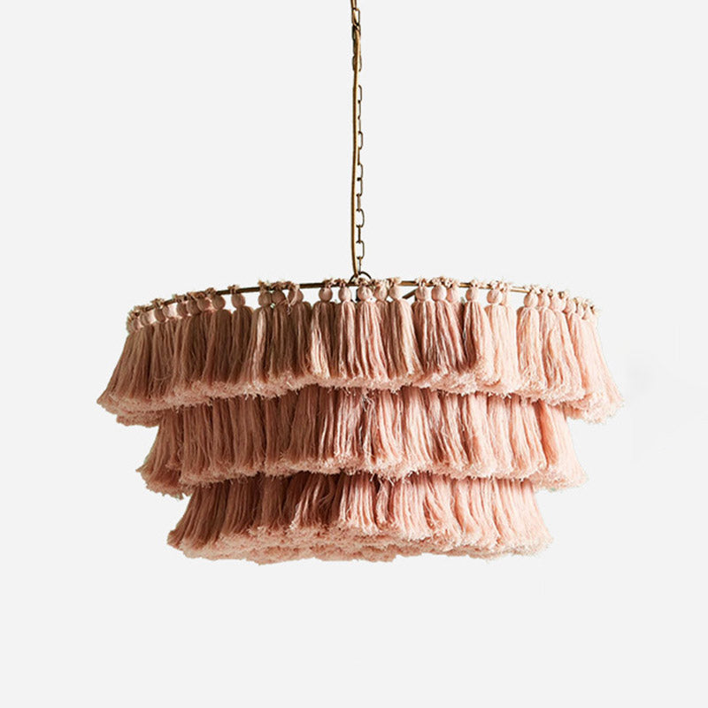Simplicity Tiered Round Ceiling Lighting 3 Heads Handwoven Fringe  Chandelier Light Fixture - Clearhalo