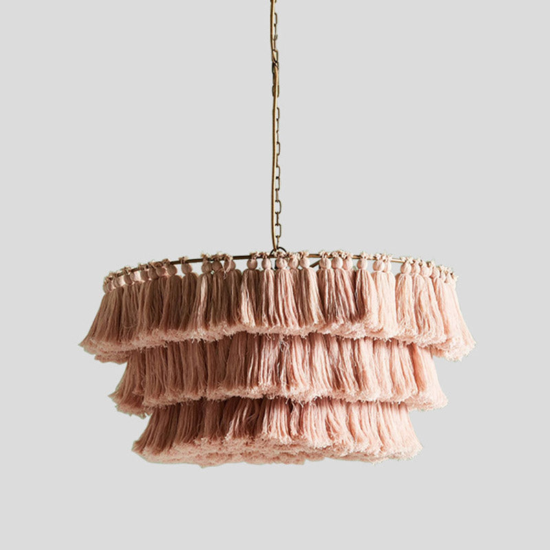 Simplicity Tiered Round Ceiling Lighting 3 Heads Handwoven Fringe Chandelier Light Fixture Pink 19.5" Clearhalo 'Ceiling Lights' 'Chandeliers' Lighting' options 2198204_48170838-0a36-4a82-a48d-6f13f326b9b9