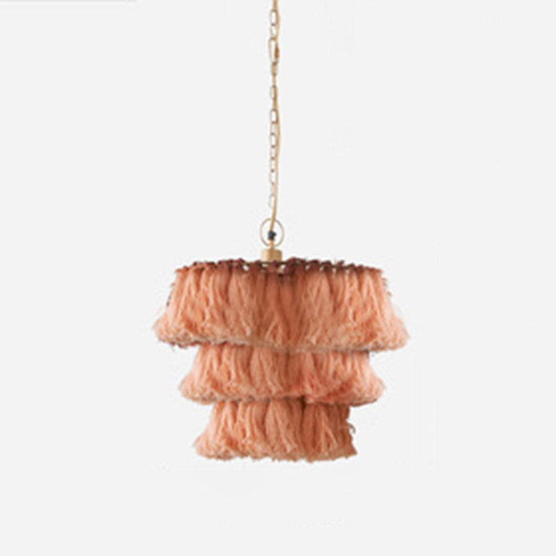 Simplicity Tiered Round Ceiling Lighting 3 Heads Handwoven Fringe Chandelier Light Fixture Clearhalo 'Ceiling Lights' 'Chandeliers' Lighting' options 2198205