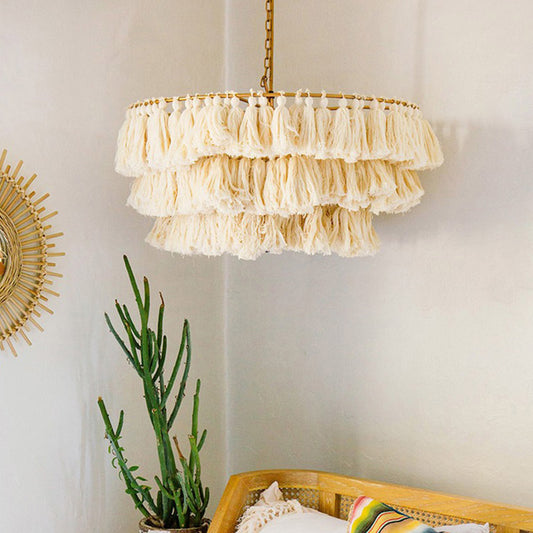 Simplicity Tiered Round Ceiling Lighting 3 Heads Handwoven Fringe Chandelier Light Fixture Clearhalo 'Ceiling Lights' 'Chandeliers' Lighting' options 2198206