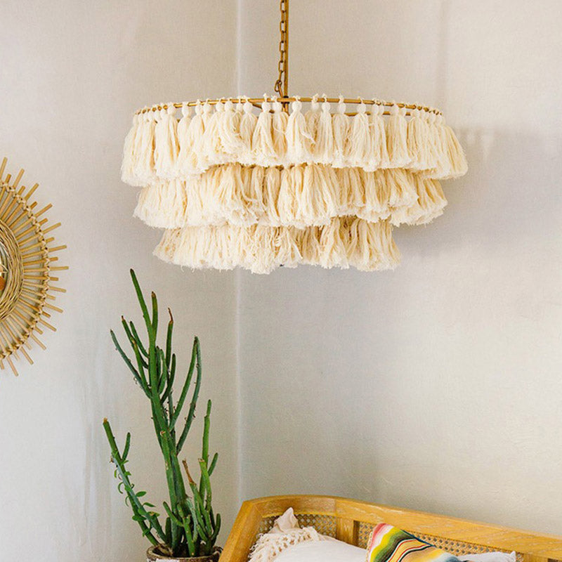 Simplicity Tiered Round Ceiling Lighting 3 Heads Handwoven Fringe Chandelier Light Fixture Beige 24" Clearhalo 'Ceiling Lights' 'Chandeliers' Lighting' options 2198206_99134c31-6d36-402b-9f30-7f8dbc4a5db8