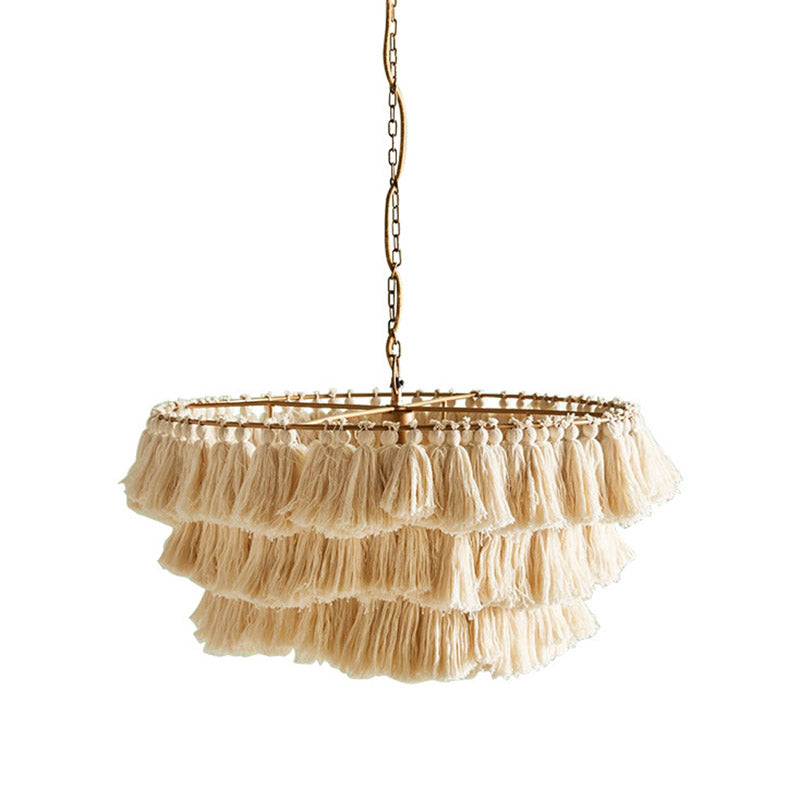 Simplicity Tiered Round Ceiling Lighting 3 Heads Handwoven Fringe Chandelier Light Fixture Beige 19.5" Clearhalo 'Ceiling Lights' 'Chandeliers' Lighting' options 2198208_d2e54e25-a9ae-492c-b301-0f7e0d380ba7