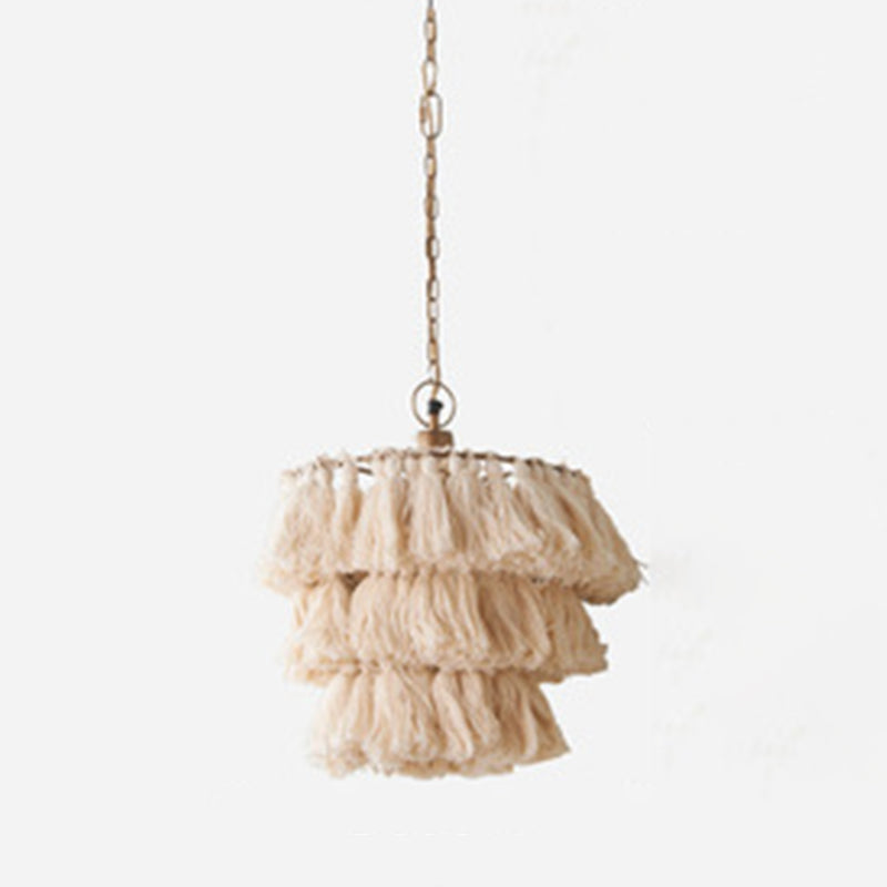 Simplicity Tiered Round Ceiling Lighting 3 Heads Handwoven Fringe Chandelier Light Fixture Clearhalo 'Ceiling Lights' 'Chandeliers' Lighting' options 2198209