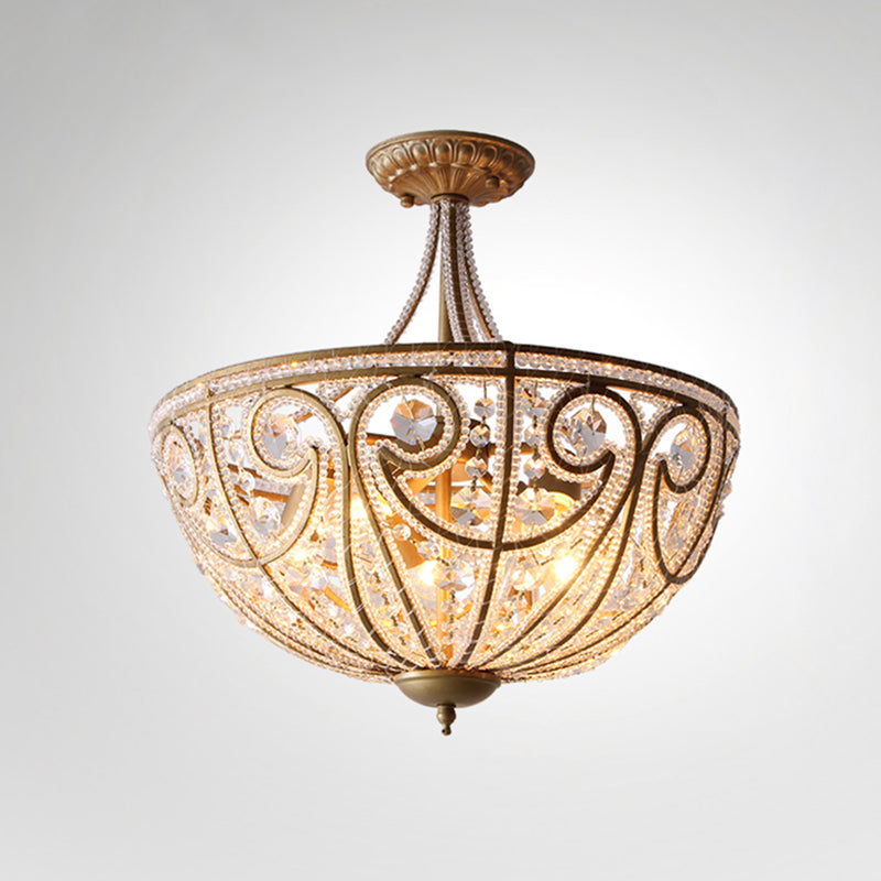 Dome Crystal Bead Semi Flush Vintage 5 Bulbs Living Room Flush Ceiling Light Fixture in Gold Clearhalo 'Ceiling Lights' 'Close To Ceiling Lights' 'Close to ceiling' 'Semi-flushmount' Lighting' 2198211