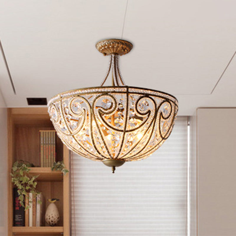 Dome Crystal Bead Semi Flush Vintage 5 Bulbs Living Room Flush Ceiling Light Fixture in Gold Clearhalo 'Ceiling Lights' 'Close To Ceiling Lights' 'Close to ceiling' 'Semi-flushmount' Lighting' 2198214