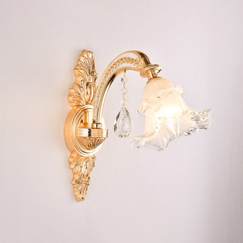 Floral Cream Glass Wall Light Fixture Vintage Living Room Wall Mounted Lamp in Gold 1.0 Gold G Clearhalo 'Wall Lamps & Sconces' 'Wall Lights' Lighting' 2198240