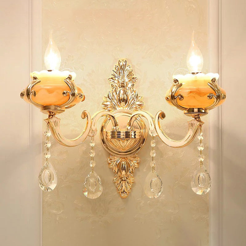 Floral Cream Glass Wall Light Fixture Vintage Living Room Wall Mounted Lamp in Gold 2.0 Gold H Clearhalo 'Wall Lamps & Sconces' 'Wall Lights' Lighting' 2198241