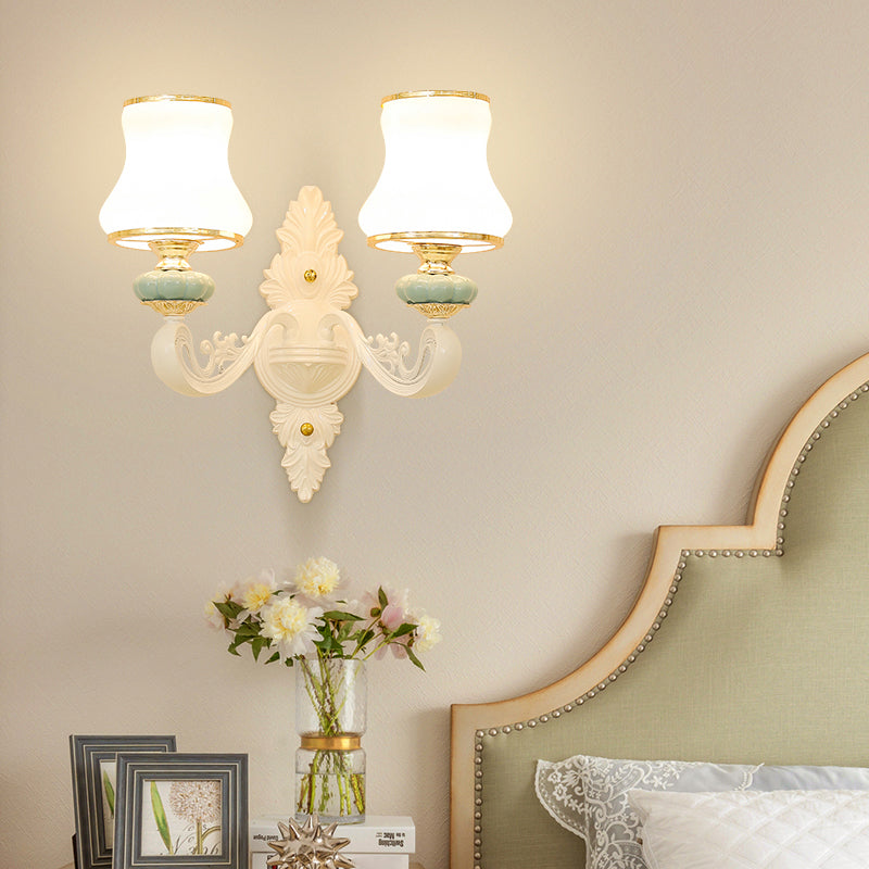 Gold Shaded Wall Lighting Simplicity Opal Glass Corridor Wall Light Fixture with Curved Arm 2.0 Gold A Clearhalo 'Wall Lamps & Sconces' 'Wall Lights' Lighting' 2198252