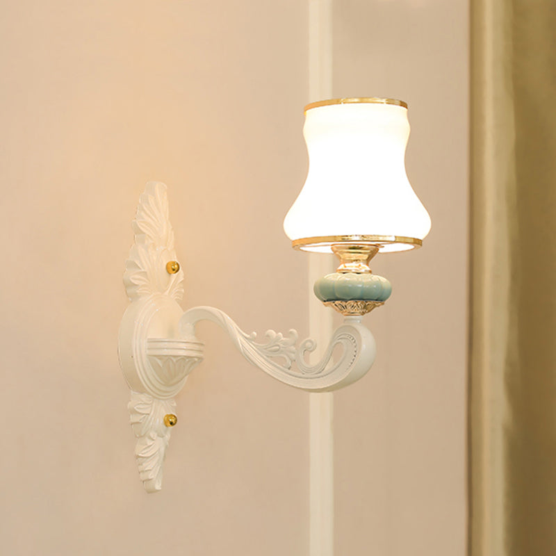 Gold Shaded Wall Lighting Simplicity Opal Glass Corridor Wall Light Fixture with Curved Arm 1.0 Gold A Clearhalo 'Wall Lamps & Sconces' 'Wall Lights' Lighting' 2198255