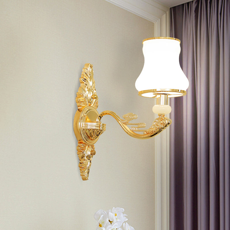 Gold Shaded Wall Lighting Simplicity Opal Glass Corridor Wall Light Fixture with Curved Arm 1.0 Gold B Clearhalo 'Wall Lamps & Sconces' 'Wall Lights' Lighting' 2198258