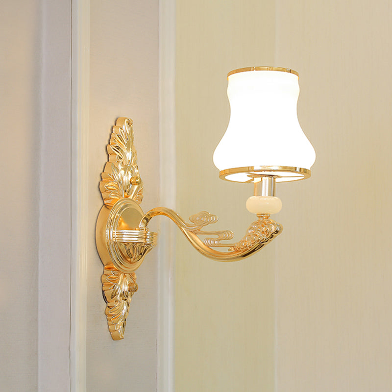 Gold Shaded Wall Lighting Simplicity Opal Glass Corridor Wall Light Fixture with Curved Arm Clearhalo 'Wall Lamps & Sconces' 'Wall Lights' Lighting' 2198259