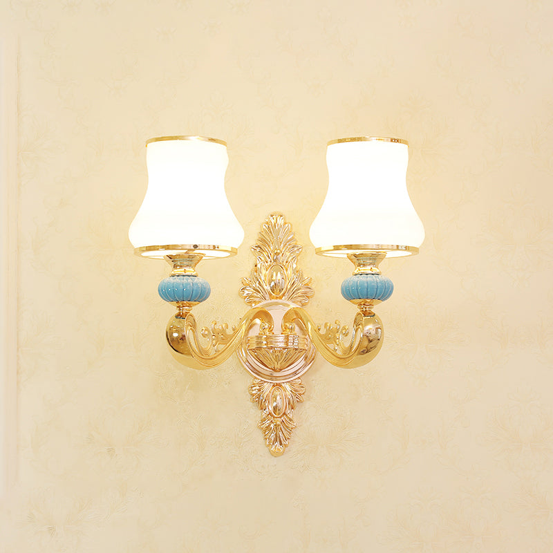 Gold Shaded Wall Lighting Simplicity Opal Glass Corridor Wall Light Fixture with Curved Arm 2.0 Gold D Clearhalo 'Wall Lamps & Sconces' 'Wall Lights' Lighting' 2198262