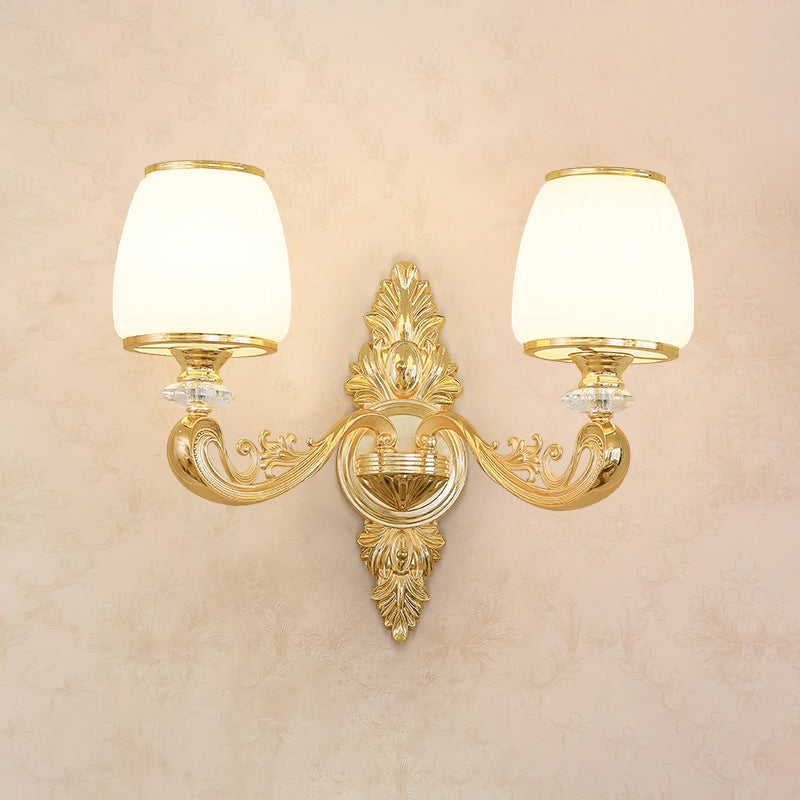 Gold Shaded Wall Lighting Simplicity Opal Glass Corridor Wall Light Fixture with Curved Arm 2.0 Gold E Clearhalo 'Wall Lamps & Sconces' 'Wall Lights' Lighting' 2198264