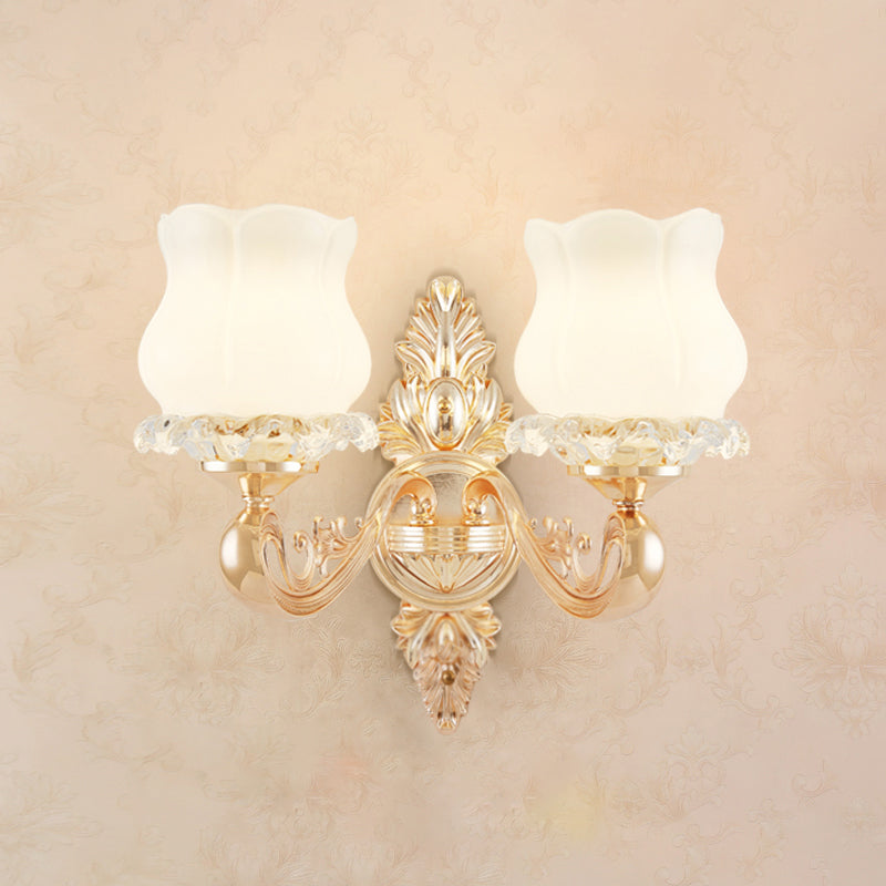 Gold Shaded Wall Lighting Simplicity Opal Glass Corridor Wall Light Fixture with Curved Arm 2.0 Gold F Clearhalo 'Wall Lamps & Sconces' 'Wall Lights' Lighting' 2198266