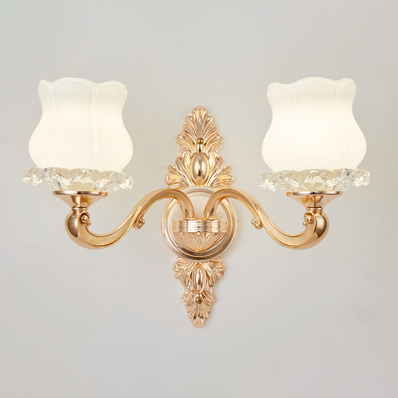 Gold Shaded Wall Lighting Simplicity Opal Glass Corridor Wall Light Fixture with Curved Arm 2.0 Gold H Clearhalo 'Wall Lamps & Sconces' 'Wall Lights' Lighting' 2198270