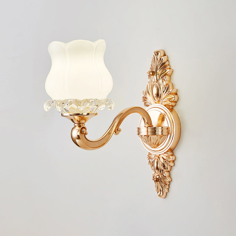 Gold Shaded Wall Lighting Simplicity Opal Glass Corridor Wall Light Fixture with Curved Arm 1.0 Gold H Clearhalo 'Wall Lamps & Sconces' 'Wall Lights' Lighting' 2198271