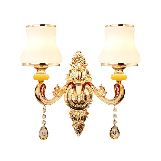 Frosted Glass Flower Wall Mount Light Traditional Corridor Wall Light Fixture with Crystal Draping in Gold Clearhalo 'Wall Lamps & Sconces' 'Wall Lights' Lighting' 2198362