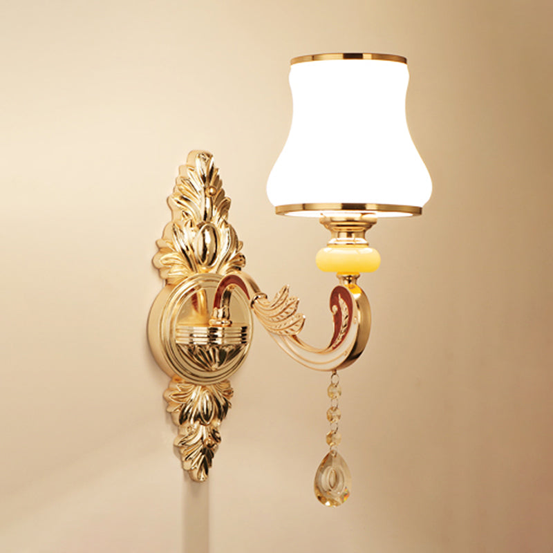 Frosted Glass Flower Wall Mount Light Traditional Corridor Wall Light Fixture with Crystal Draping in Gold 1.0 Gold A Clearhalo 'Wall Lamps & Sconces' 'Wall Lights' Lighting' 2198364