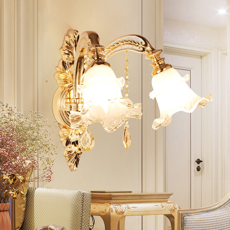 Frosted Glass Flower Wall Mount Light Traditional Corridor Wall Light Fixture with Crystal Draping in Gold 2.0 Gold B Clearhalo 'Wall Lamps & Sconces' 'Wall Lights' Lighting' 2198365