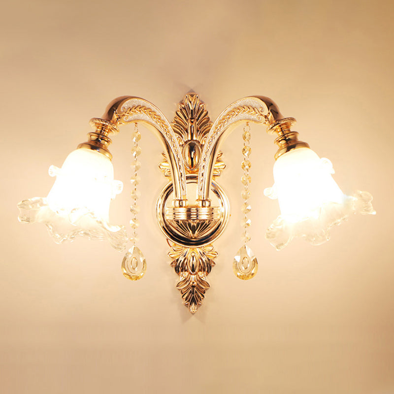 Frosted Glass Flower Wall Mount Light Traditional Corridor Wall Light Fixture with Crystal Draping in Gold Clearhalo 'Wall Lamps & Sconces' 'Wall Lights' Lighting' 2198366