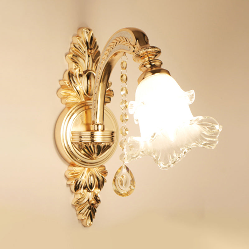 Frosted Glass Flower Wall Mount Light Traditional Corridor Wall Light Fixture with Crystal Draping in Gold 1.0 Gold B Clearhalo 'Wall Lamps & Sconces' 'Wall Lights' Lighting' 2198367