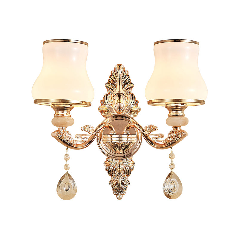 Gold Wall Lamp Simplicity Cream Glass Flower Wall Light Fixture with Crystal Draping Clearhalo 'Wall Lamps & Sconces' 'Wall Lights' Lighting' 2198376