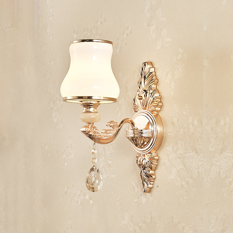 Gold Wall Lamp Simplicity Cream Glass Flower Wall Light Fixture with Crystal Draping 1.0 Gold D Clearhalo 'Wall Lamps & Sconces' 'Wall Lights' Lighting' 2198377