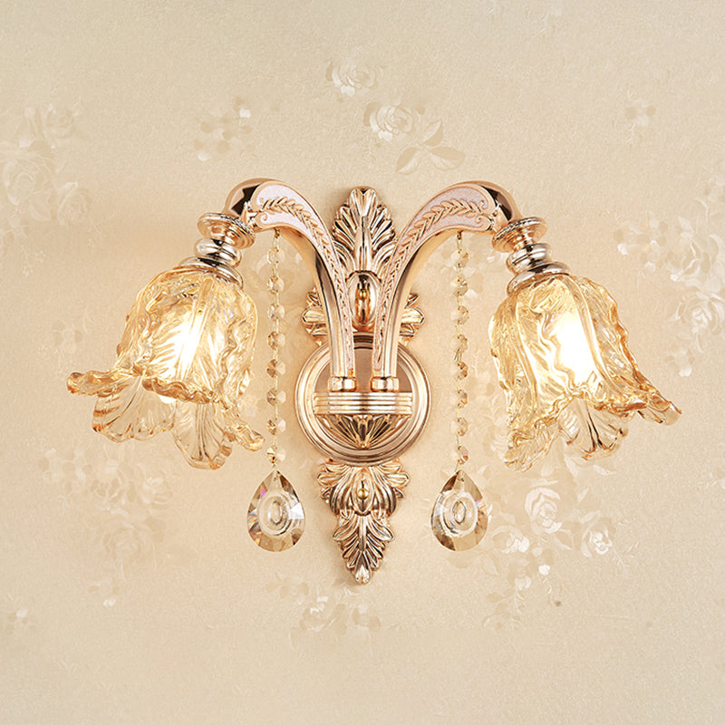 Gold Wall Lamp Simplicity Cream Glass Flower Wall Light Fixture with Crystal Draping 2.0 Gold C Clearhalo 'Wall Lamps & Sconces' 'Wall Lights' Lighting' 2198378