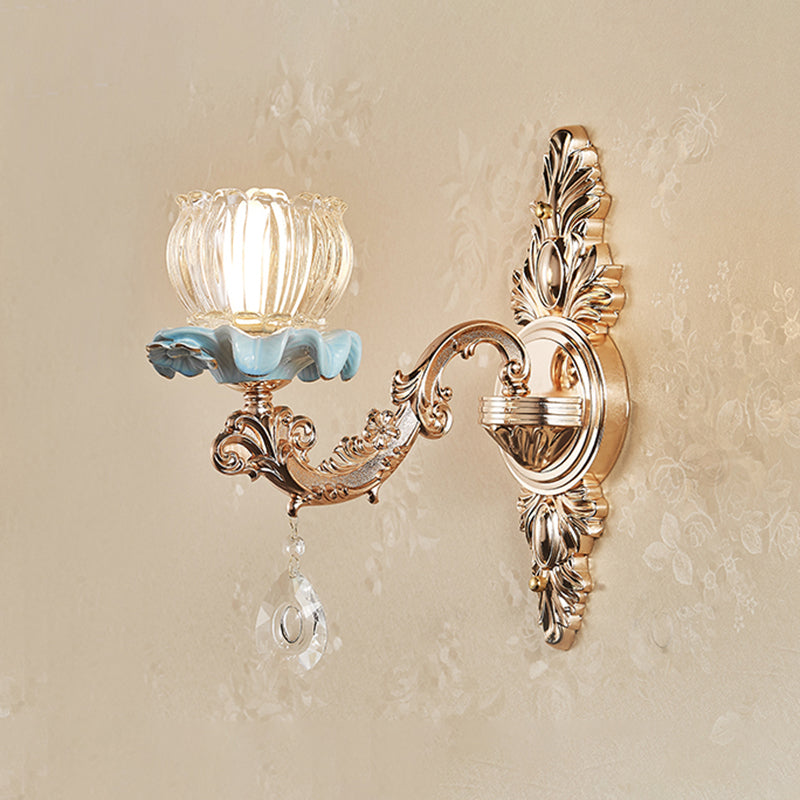 Gold Wall Lamp Simplicity Cream Glass Flower Wall Light Fixture with Crystal Draping 1.0 Gold B Clearhalo 'Wall Lamps & Sconces' 'Wall Lights' Lighting' 2198381