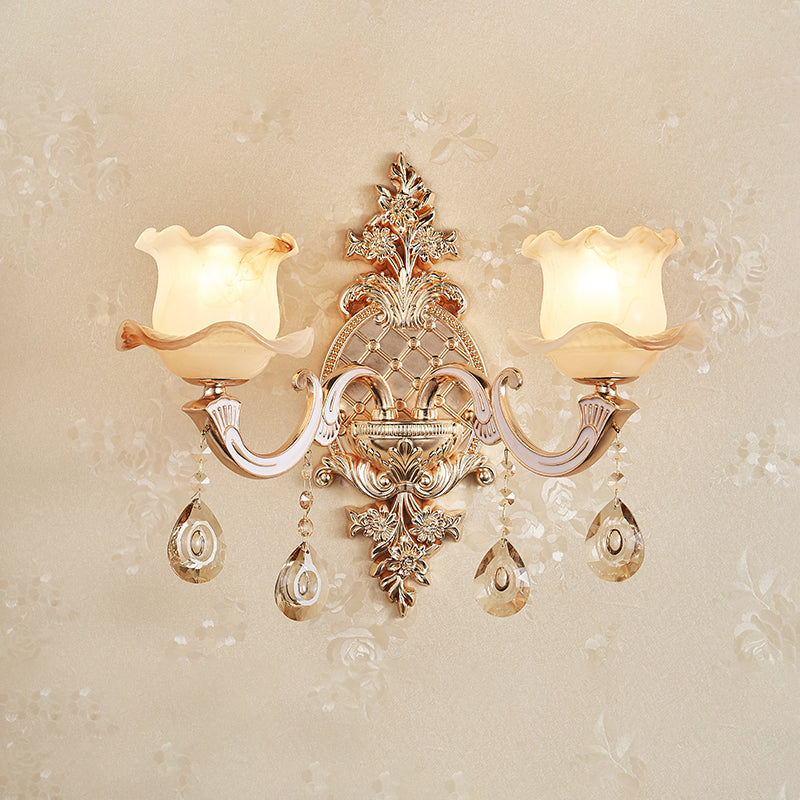 Gold Wall Lamp Simplicity Cream Glass Flower Wall Light Fixture with Crystal Draping 2.0 Gold A Clearhalo 'Wall Lamps & Sconces' 'Wall Lights' Lighting' 2198382