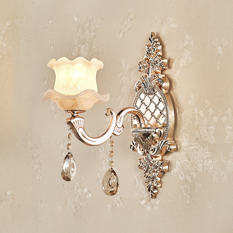 Gold Wall Lamp Simplicity Cream Glass Flower Wall Light Fixture with Crystal Draping 1.0 Gold A Clearhalo 'Wall Lamps & Sconces' 'Wall Lights' Lighting' 2198383