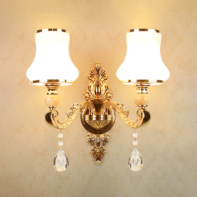 Opal Glass Gold Wall Light Flower Shade Antique Wall Lighting Fixture with Crystal Accent Clearhalo 'Wall Lamps & Sconces' 'Wall Lights' Lighting' 2198385