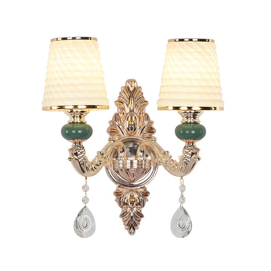 Traditional Tapered Wall Mount Light Textured Glass Wall Light Fixture with Hanging Crystal in Gold Clearhalo 'Wall Lamps & Sconces' 'Wall Lights' Lighting' 2198390