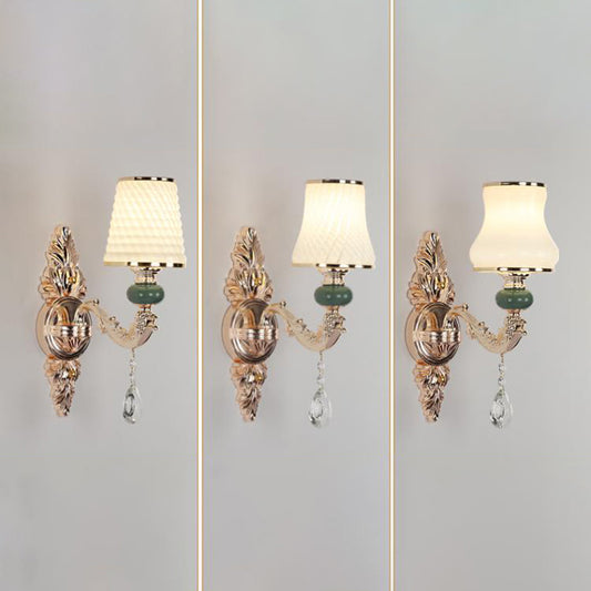 Traditional Tapered Wall Mount Light Textured Glass Wall Light Fixture with Hanging Crystal in Gold Clearhalo 'Wall Lamps & Sconces' 'Wall Lights' Lighting' 2198392