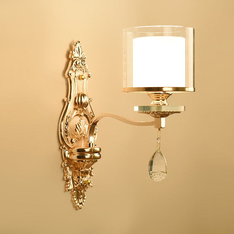 Clear Glass Cylinder Wall Mount Light Minimalism Corridor Wall Lighting with Crystal Accent in Gold 1.0 Gold Clearhalo 'Wall Lamps & Sconces' 'Wall Lights' Lighting' 2198409