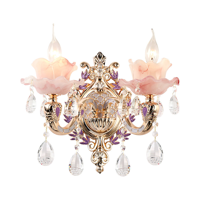 Gold Floral Ruffle Wall Lamp Retro Pink Glass Living Room Wall Light Fixture with Hanging Crystal Clearhalo 'Wall Lamps & Sconces' 'Wall Lights' Lighting' 2198412