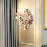 Gold Floral Ruffle Wall Lamp Retro Pink Glass Living Room Wall Light Fixture with Hanging Crystal Clearhalo 'Wall Lamps & Sconces' 'Wall Lights' Lighting' 2198414