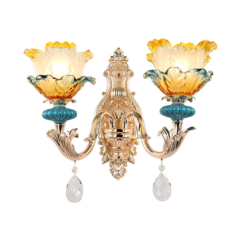 Traditional Flower Wall Mount Light Ruffle Glass Wall Light Fixture with Crystal Draping in Gold Clearhalo 'Wall Lamps & Sconces' 'Wall Lights' Lighting' 2198418