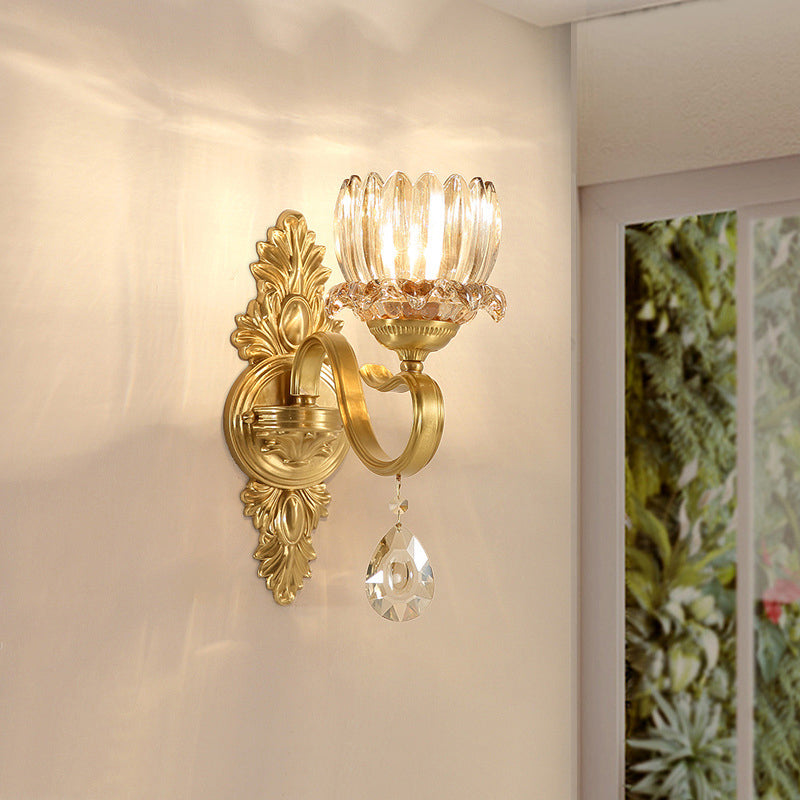 Floral Corridor Wall Mount Light Minimalism Handblown Glass Gold Wall Lighting with Hanging Crystal Gold A Clearhalo 'Wall Lamps & Sconces' 'Wall Lights' Lighting' 2198427