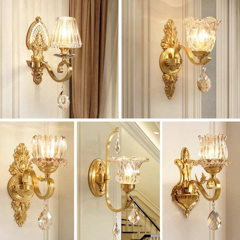 Floral Corridor Wall Mount Light Minimalism Handblown Glass Gold Wall Lighting with Hanging Crystal Clearhalo 'Wall Lamps & Sconces' 'Wall Lights' Lighting' 2198428