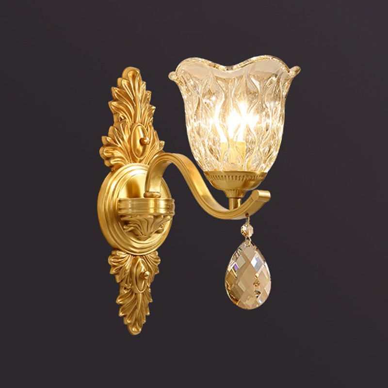 Floral Corridor Wall Mount Light Minimalism Handblown Glass Gold Wall Lighting with Hanging Crystal Gold C Clearhalo 'Wall Lamps & Sconces' 'Wall Lights' Lighting' 2198433