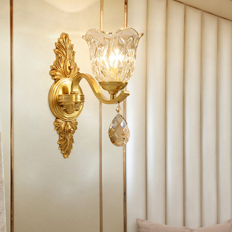 Handblown Glass Scalloped Bell Wall Lamp Simplicity Single Corridor Wall Light with Crystal Draping in Gold Gold Clearhalo 'Wall Lamps & Sconces' 'Wall Lights' Lighting' 2198437